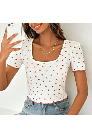 Kadın Kiraz Cherry Baskılı U Yaka Fitted Kısa Kollu Crop Tişört