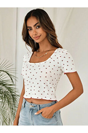 Kadın Kiraz Cherry Baskılı U Yaka Fitted Kısa Kollu Crop Tişört