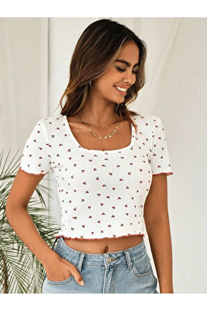 Kadın Kiraz Cherry Baskılı U Yaka Fitted Kısa Kollu Crop Tişört