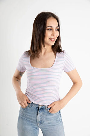 Kadın Pembe Çizgili U Yaka Fitted Kısa Kollu Crop Pantolon