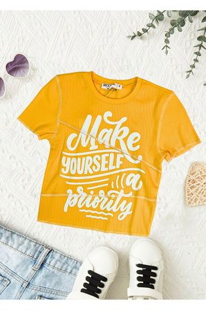 Kaşkorse Bedeni Saran Kesikli Baskılı Crop Saks Mavi Slim Fit Tişört