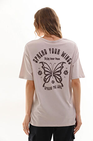 Bej Rengi Bisiklet Yaka Ön Arka Slogan Baskılı Rahat Kesim Tshirt