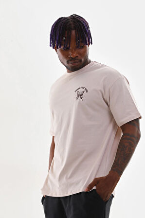 Bej Rengi Bisiklet Yaka Ön Arka Slogan Baskılı Rahat Kesim Tshirt