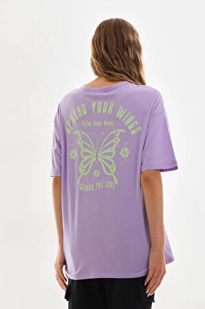 Bisiklet Yaka Ön Arka Slogan Baskılı Rahat Kesim Tshirt