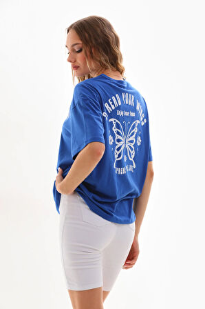 Bisiklet Yaka Ön Arka Slogan Baskılı Rahat Kesim Tshirt