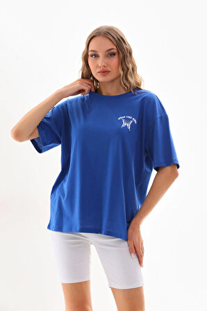 Bisiklet Yaka Ön Arka Slogan Baskılı Rahat Kesim Tshirt