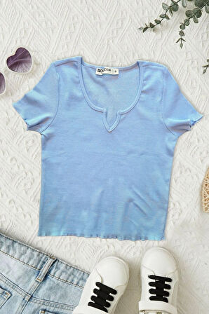 Kaşkorse Crop Slim Fit V Yaka Detaylı Mavi Tişört Badi