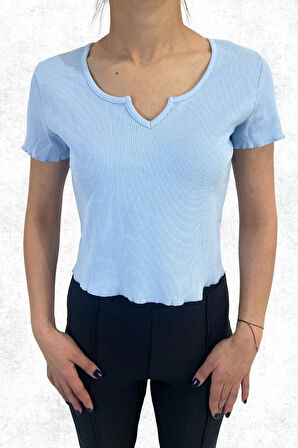 Kaşkorse Crop Slim Fit V Yaka Detaylı Mavi Tişört Badi