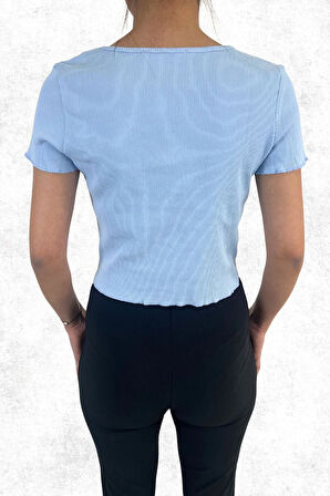 Kaşkorse Crop Slim Fit V Yaka Detaylı Mavi Tişört Badi