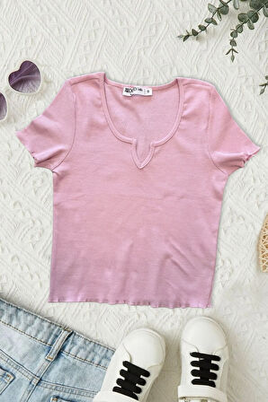 Kaşkorse Crop Slim Fit V Yaka Detaylı Pembe Tişört Badi