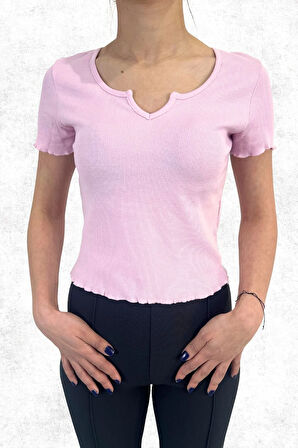 Kaşkorse Crop Slim Fit V Yaka Detaylı Pembe Tişört Badi