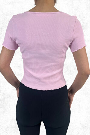 Kaşkorse Crop Slim Fit V Yaka Detaylı Pembe Tişört Badi