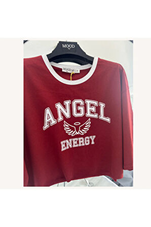 Angel Baskılı Oversize Crop Tişört