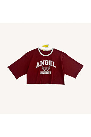 Angel Baskılı Oversize Crop Tişört