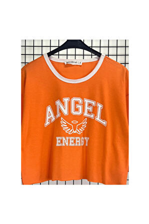 Angel Baskılı Oversize Crop Tişört