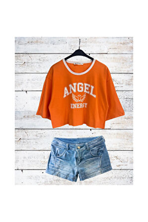 Angel Baskılı Oversize Crop Tişört