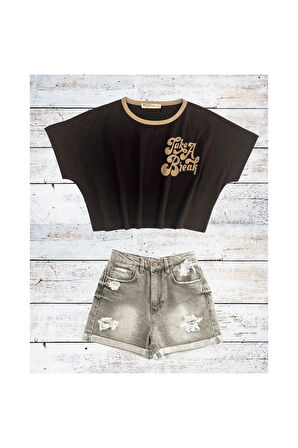 Slogan Baskılı Crop Oversize Tişört