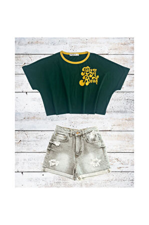 Slogan Baskılı Crop Oversize Tişört