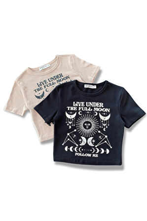 Kadın Crop Moon Baskılı Bisiklet Yaka Tişört
