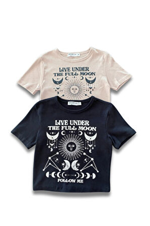 Kadın Crop Moon Baskılı Bisiklet Yaka Tişört