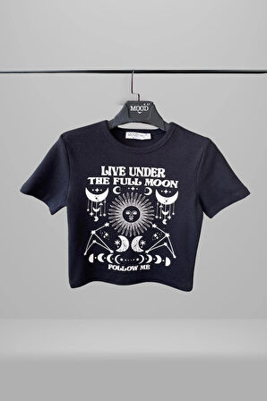 Kadın Crop Moon Baskılı Bisiklet Yaka Tişört