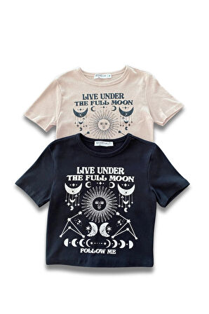 Kadın Crop Moon Baskılı Bisiklet Yaka Tişört