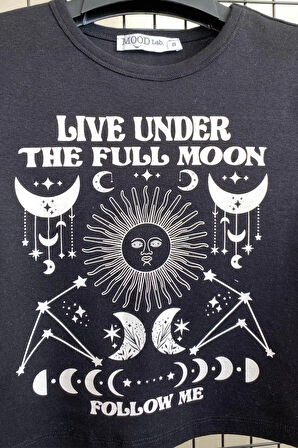 Kadın Crop Moon Baskılı Bisiklet Yaka Tişört