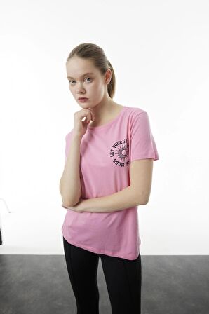 Pembe Kısa Kollu Basic Baskılı Sweatshirt