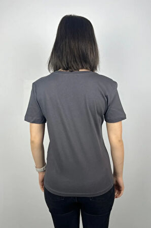 Kadın %100 Pamuk V Yaka Kısa Kollu Tişört - Kalp Baskılı