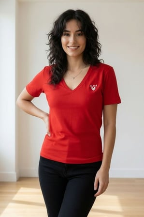 Regular Fit V Yaka Basic Lila Kısa Kollu Tişört Kalp Baskılı