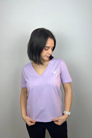 Regular Fit V Yaka Basic Düz Kısa Kollu Tişört Kalp Baskılı