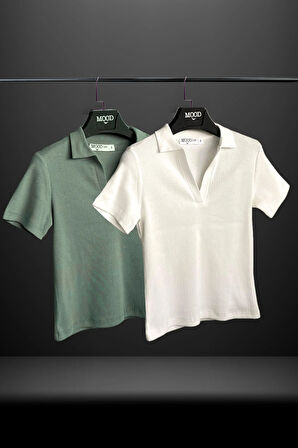 Kadın 2'li Polo Yaka Kısa Kollu Kaşkorse Tişört