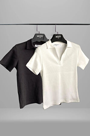 Kadın 2'li Polo Yaka Kısa Kollu Kaşkorse Tişört