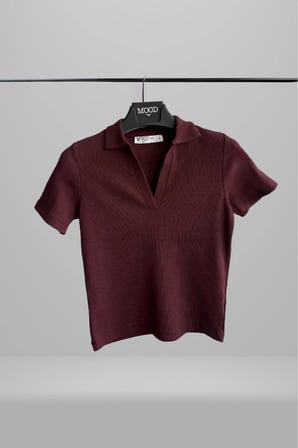 Kadın 2'li Polo Yaka Kısa Kollu Kaşkorse Tişört Bordo Beyaz