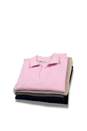 Kadın Açık Pembe Polo Yaka Fitilli Kaşkorse Kısa Kollu Tişört