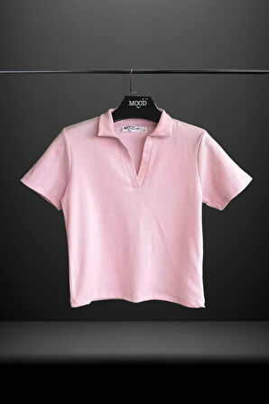 Kadın Açık Pembe Polo Yaka Fitilli Kaşkorse Kısa Kollu Tişört