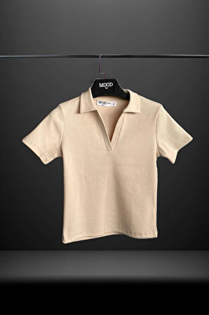 Kadın Polo Yaka Fitilli Kaşkorse Kısa Kollu Tişört