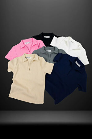 Kadın Polo Yaka Fitilli Kaşkorse Kısa Kollu Tişört