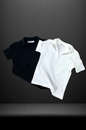 Kadın Polo Yaka Fitilli Kaşkorse Kısa Kollu Tişört