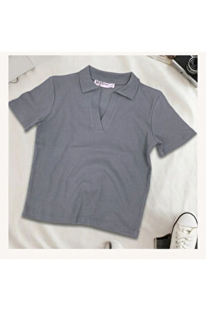 Kadın Polo Yaka Fitilli Kaşkorse Kısa Kollu Tişört