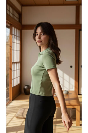 Kadın Polo Yaka Fitilli Kaşkorse Kısa Kollu Tişört