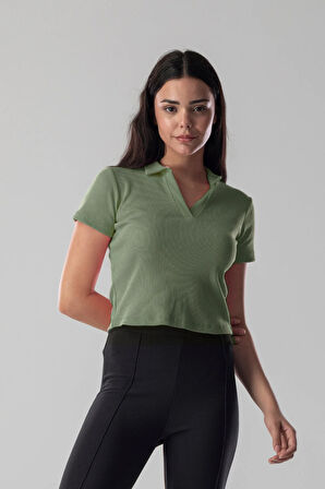 Kadın Polo Yaka Fitilli Kaşkorse Kısa Kollu Tişört