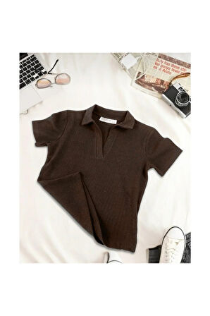 Kadın Polo Yaka Fitilli Kaşkorse Kısa Kollu Tişört