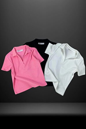 Kadın Polo Yaka Fitilli Kaşkorse Kısa Kollu Tişört