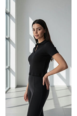 Kadın Polo Yaka Siyah Fitilli Kaşkorse Kısa Kollu Tişört