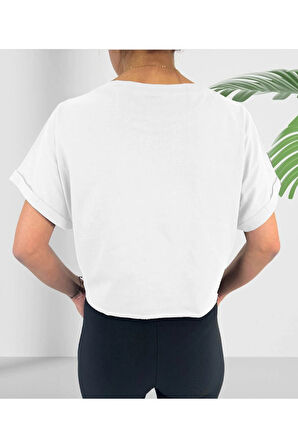 Crop Bisiklet Yaka Beyaz Pamuklu T-shirt Sportwear