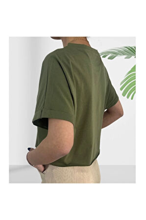 Crop Bisiklet Yaka Haki Yeşili Pamuklu T-shirt Sportwear