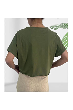 Crop Bisiklet Yaka Haki Yeşili Pamuklu T-shirt Sportwear