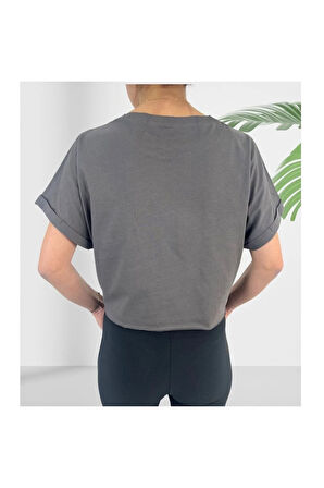 Crop Bisiklet Yaka Antrasit Pamuklu T-shirt Sportwear