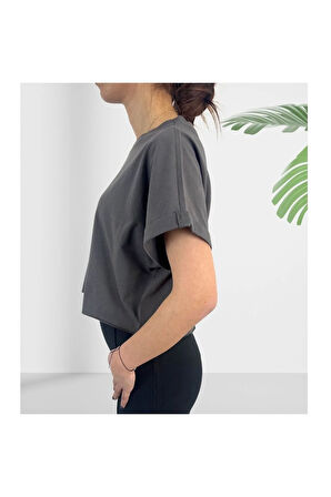 Crop Bisiklet Yaka Antrasit Pamuklu T-shirt Sportwear
